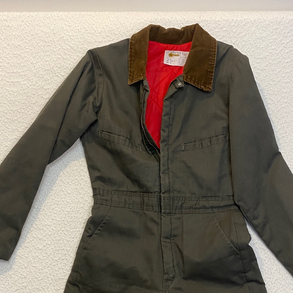Women's Olive Grey Jumpsuit with Brown Corduroy Collar - Picture 4 of 11
